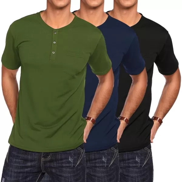 COOFANDY Men's 3 Pack Henley Shirts Short Sleeve Casual Basic Tees Classic Henley Summer Solid T Shirts with Pocket