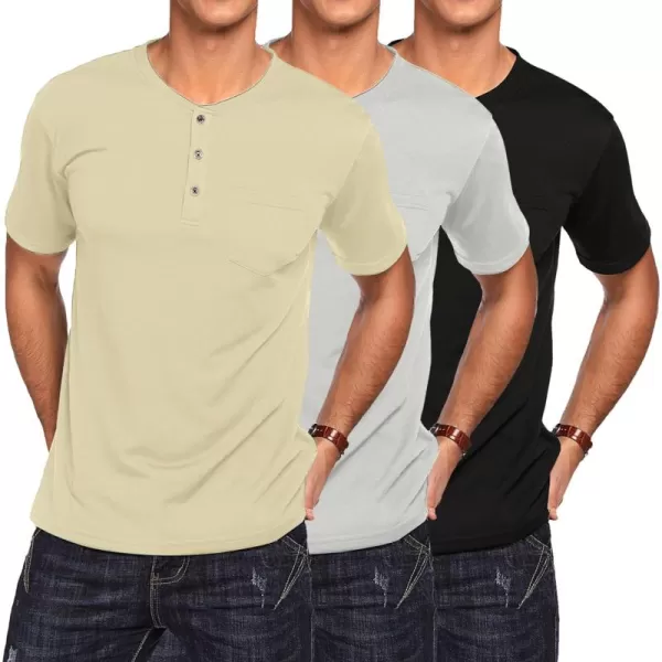 COOFANDY Men's 3 Pack Henley Shirts Short Sleeve Casual Basic Tees Classic Henley Summer Solid T Shirts with Pocket