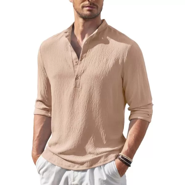COOFANDY Men's Casual Henley Shirt Band Collar Long Sleeve Shirt Beach Hippie Summer T-Shirt