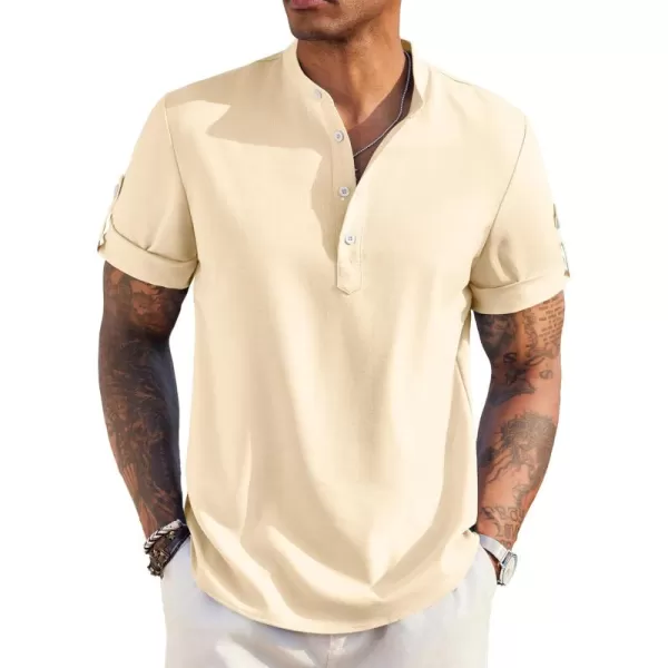 COOFANDY Men's Casual Henley Shirt Short Sleeve Band Collar Linen Shirt Summer Beach Hippie T-Shirts