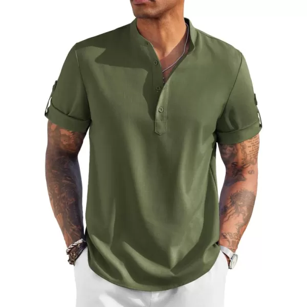 COOFANDY Men's Casual Henley Shirt Short Sleeve Band Collar Linen Shirt Summer Beach Hippie T-Shirts