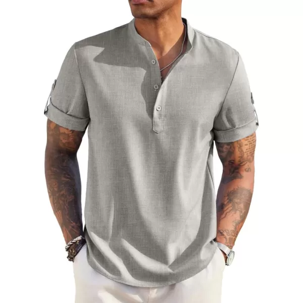 COOFANDY Men's Casual Henley Shirt Short Sleeve Band Collar Linen Shirt Summer Beach Hippie T-Shirts