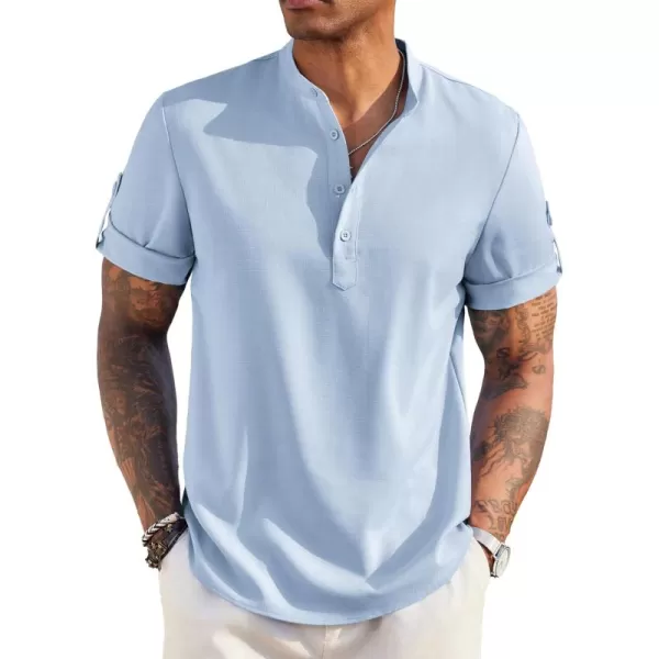 COOFANDY Men's Casual Henley Shirt Short Sleeve Band Collar Linen Shirt Summer Beach Hippie T-Shirts