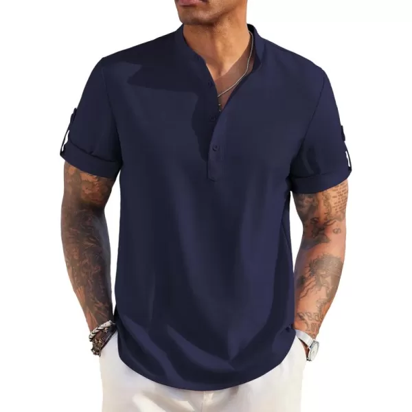 COOFANDY Men's Casual Henley Shirt Short Sleeve Band Collar Linen Shirt Summer Beach Hippie T-Shirts