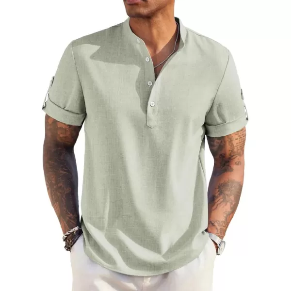 COOFANDY Men's Casual Henley Shirt Short Sleeve Band Collar Linen Shirt Summer Beach Hippie T-Shirts