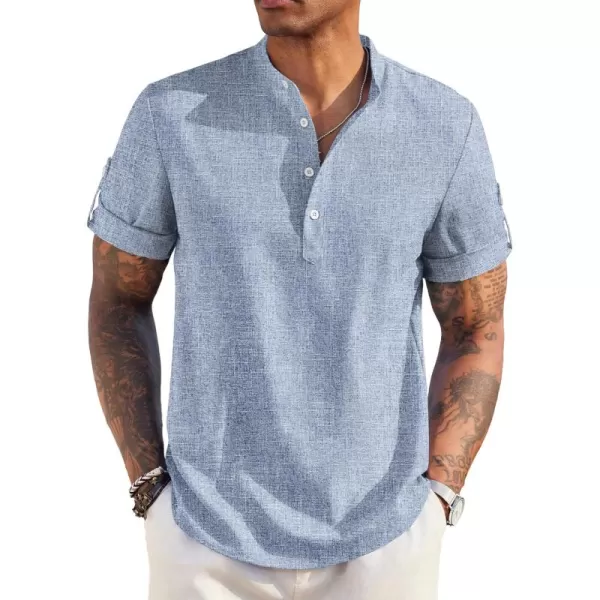 COOFANDY Men's Casual Henley Shirt Short Sleeve Band Collar Linen Shirt Summer Beach Hippie T-Shirts