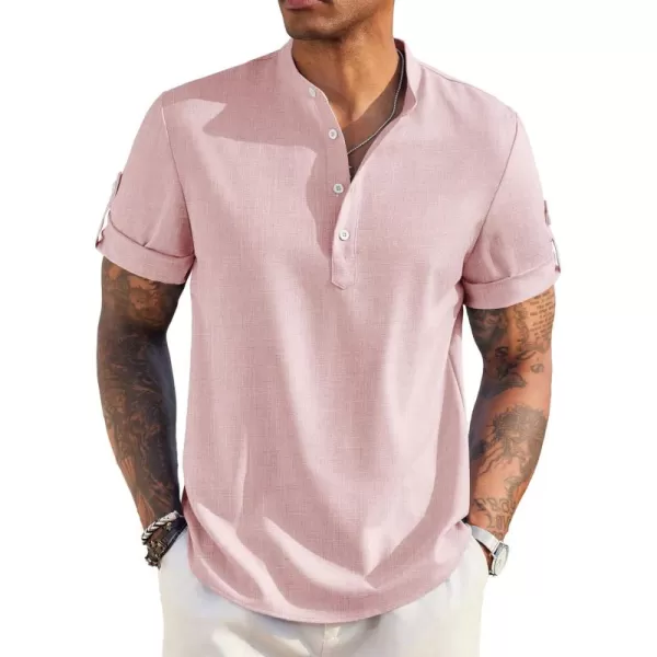 COOFANDY Men's Casual Henley Shirt Short Sleeve Band Collar Linen Shirt Summer Beach Hippie T-Shirts