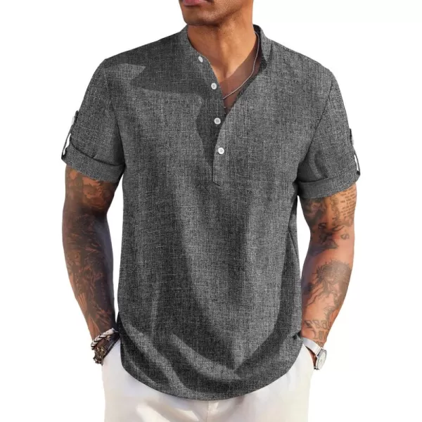 COOFANDY Men's Casual Henley Shirt Short Sleeve Band Collar Linen Shirt Summer Beach Hippie T-Shirts