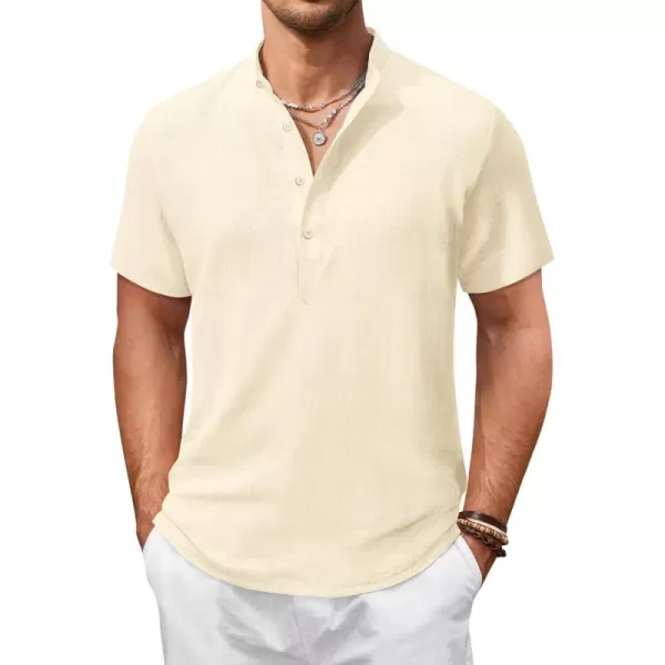 COOFANDY Men's Casual Henley Shirt Short Sleeve Linen Shirt Band Collar Summer Beach Hippie T-Shirts