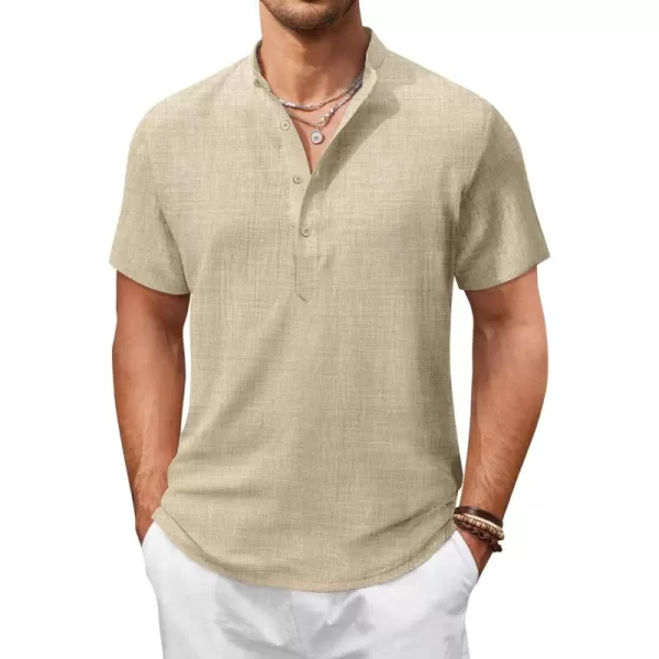 COOFANDY Men's Casual Henley Shirt Short Sleeve Linen Shirt Band Collar Summer Beach Hippie T-Shirts