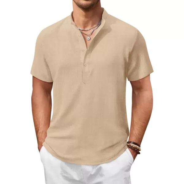 COOFANDY Men's Casual Henley Shirt Short Sleeve Linen Shirt Band Collar Summer Beach Hippie T-Shirts