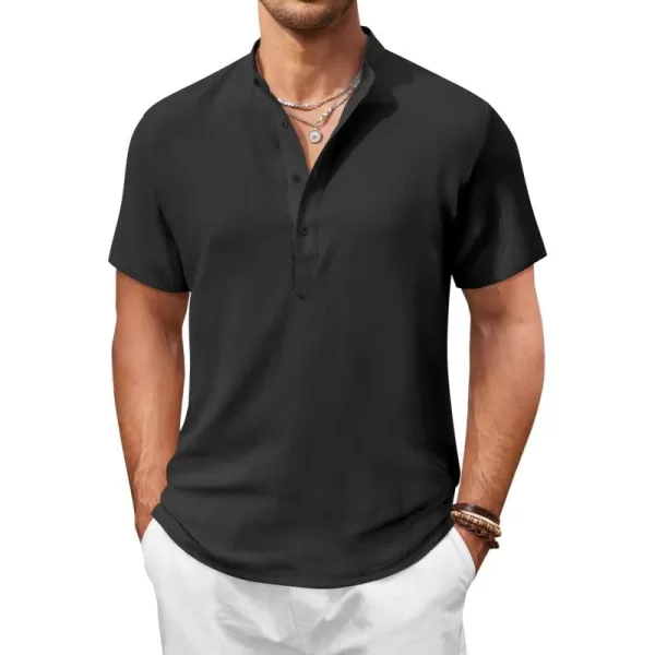 COOFANDY Men's Casual Henley Shirt Short Sleeve Linen Shirt Band Collar Summer Beach Hippie T-Shirts