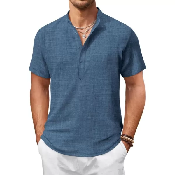 COOFANDY Men's Casual Henley Shirt Short Sleeve Linen Shirt Band Collar Summer Beach Hippie T-Shirts
