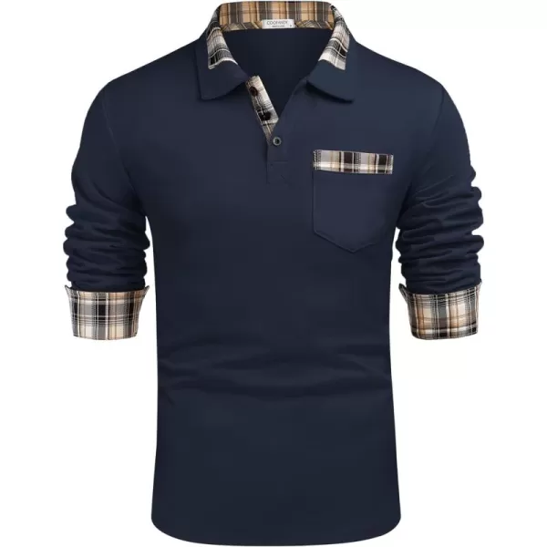COOFANDY Men's Casual Polo Shirt Long Sleeve Classic Plaid Button Tees with Pockets
