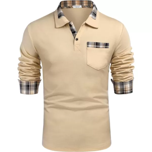 COOFANDY Men's Casual Polo Shirt Long Sleeve Classic Plaid Button Tees with Pockets