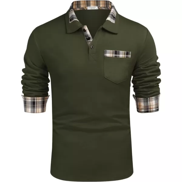 COOFANDY Men's Casual Polo Shirt Long Sleeve Classic Plaid Button Tees with Pockets
