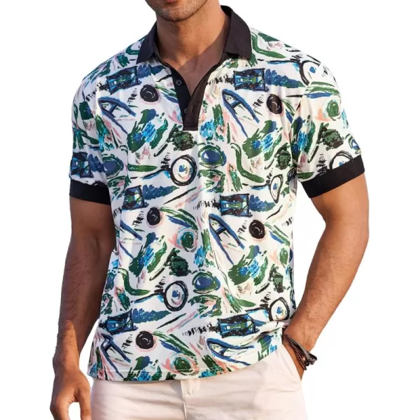 COOFANDY Mens Casual Short Sleeve Polo Shirts Slim Fit Paisley Polo T Shirts Floral Print Shirt