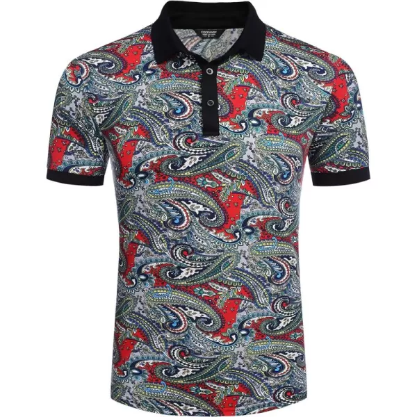 COOFANDY Mens Casual Short Sleeve Polo Shirts Slim Fit Paisley Polo T Shirts Floral Print Shirt