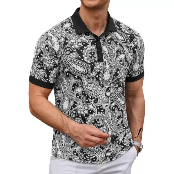 COOFANDY Mens Casual Short Sleeve Polo Shirts Slim Fit Paisley Polo T Shirts Floral Print Shirt