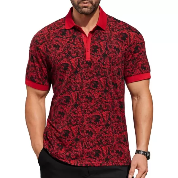 COOFANDY Mens Casual Short Sleeve Polo Shirts Slim Fit Paisley Polo T Shirts Floral Print Shirt