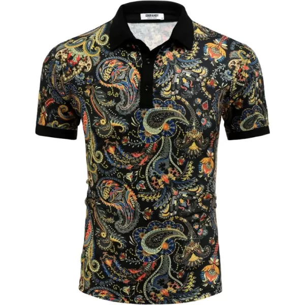 COOFANDY Mens Casual Short Sleeve Polo Shirts Slim Fit Paisley Polo T Shirts Floral Print Shirt