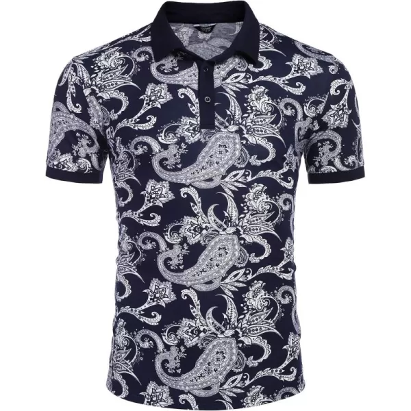 COOFANDY Mens Casual Short Sleeve Polo Shirts Slim Fit Paisley Polo T Shirts Floral Print Shirt