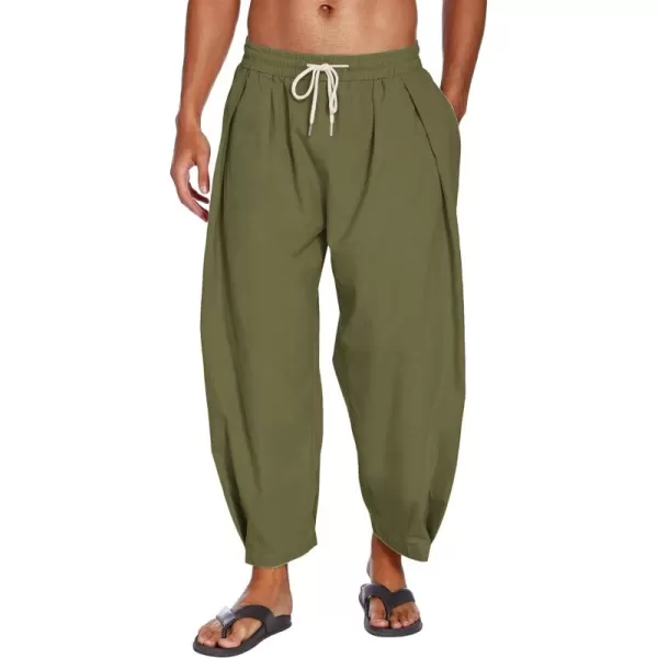 COOFANDY Men's Cotton Linen Harem Pants Drawstring Casual Cropped Trousers Lightweight Loose Beach Yoga Pants with Pockets