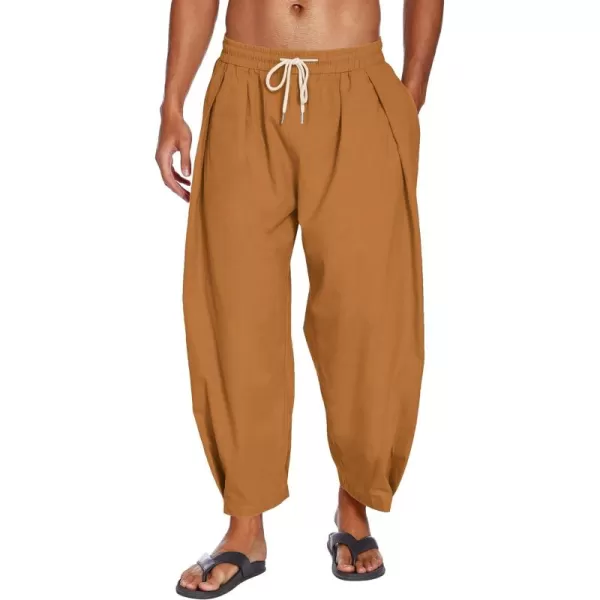 COOFANDY Men's Cotton Linen Harem Pants Drawstring Casual Cropped Trousers Lightweight Loose Beach Yoga Pants with Pockets