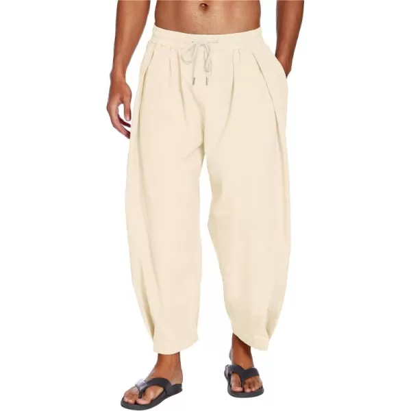 COOFANDY Men's Cotton Linen Harem Pants Drawstring Casual Cropped Trousers Lightweight Loose Beach Yoga Pants with Pockets
