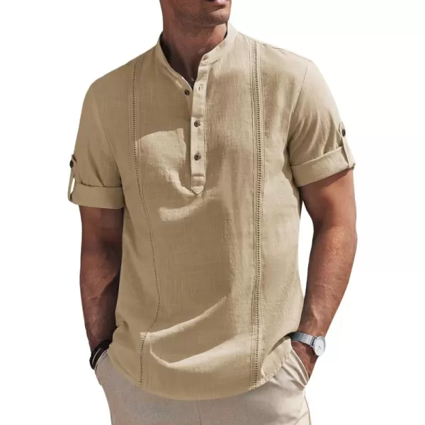 COOFANDY Men's Cotton Linen Henley Shirt Short Sleeve Hippie Casual Band Collar Summer Beach T-Shirts