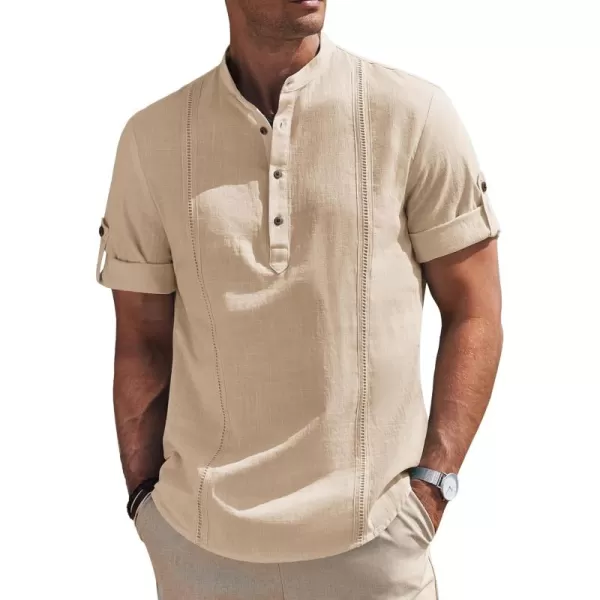 COOFANDY Men's Cotton Linen Henley Shirt Short Sleeve Hippie Casual Band Collar Summer Beach T-Shirts
