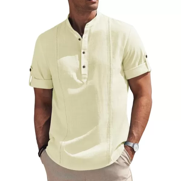 COOFANDY Men's Cotton Linen Henley Shirt Short Sleeve Hippie Casual Band Collar Summer Beach T-Shirts