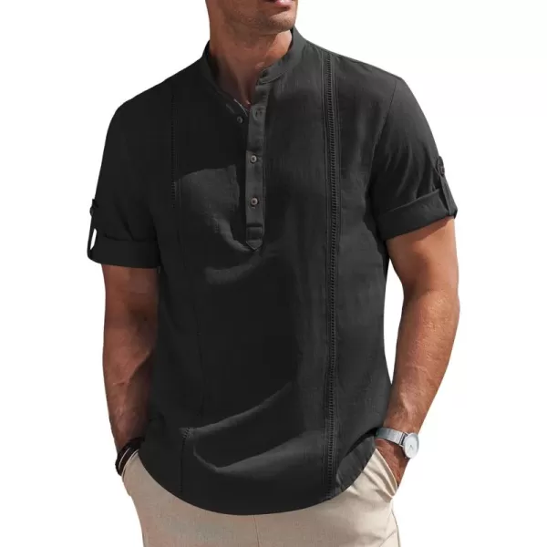 COOFANDY Men's Cotton Linen Henley Shirt Short Sleeve Hippie Casual Band Collar Summer Beach T-Shirts