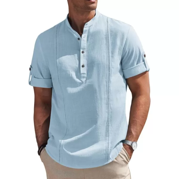 COOFANDY Men's Cotton Linen Henley Shirt Short Sleeve Hippie Casual Band Collar Summer Beach T-Shirts