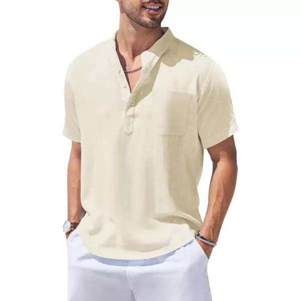 COOFANDY Men's Cotton Linen Henley Shirt Short Sleeve Hippie Casual Beach T-Shirts with Pocket