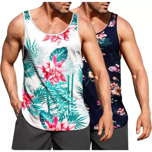 COOFANDY Men's Floral Tank Top Sleeveless Tees All Over Print Casual Sport T-Shirts Hawaii Beach Vacation/White)
