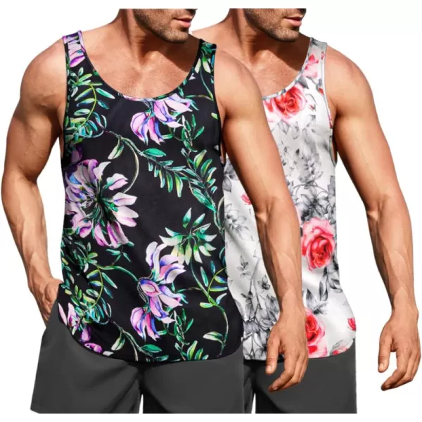 COOFANDY Men's Floral Tank Top Sleeveless Tees All Over Print Casual Sport T-Shirts Hawaii Beach Vacation/White)