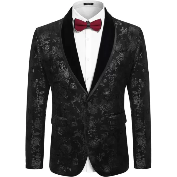 COOFANDY Men's Floral Tuxedo Jacket Shawl Lapel One Button Velvet Suit Jacket Dinner Prom Party Wedding Blazer