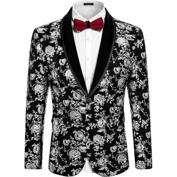 COOFANDY Men's Floral Tuxedo Jacket Shawl Lapel One Button Velvet Suit Jacket Dinner Prom Party Wedding Blazer