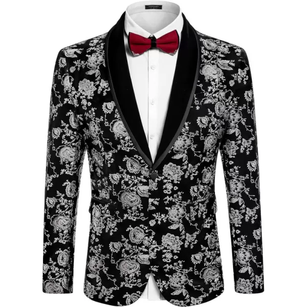 COOFANDY Men's Floral Tuxedo Jacket Shawl Lapel One Button Velvet Suit Jacket Dinner Prom Party Wedding Blazer