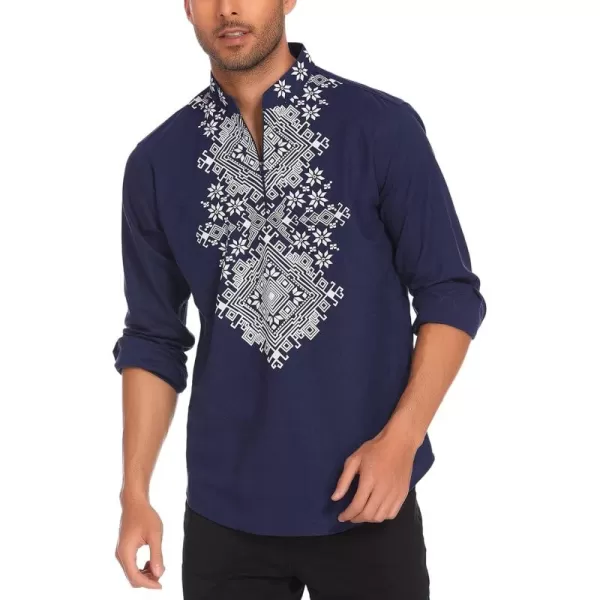 COOFANDY Men's Henley Shirt Long Sleeve Floral Print Casual Zip Up Cotton Beach Party Hippie T Shirt