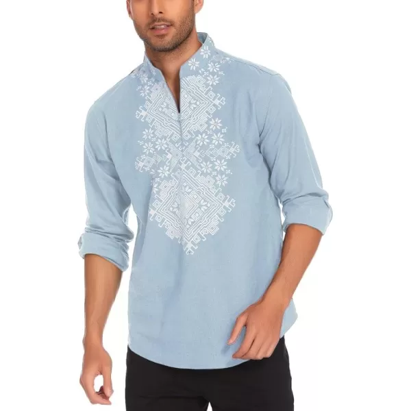 COOFANDY Men's Henley Shirt Long Sleeve Floral Print Casual Zip Up Cotton Beach Party Hippie T Shirt