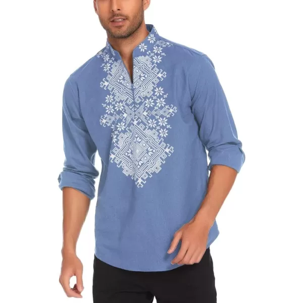 COOFANDY Men's Henley Shirt Long Sleeve Floral Print Casual Zip Up Cotton Beach Party Hippie T Shirt