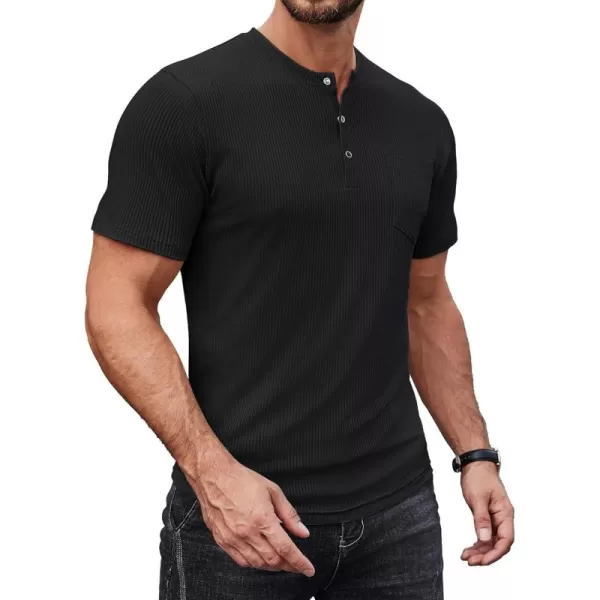 COOFANDY Mens Henley Shirts Short Sleeve Tshirt Basic Button Tees Summer Ribbed Pocket T Shirt Casual Stretch Tops