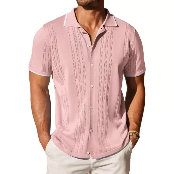COOFANDY Men's Knit Button Down Shirt Vintage Short Sleeve Polo Shirts Casual Beach Tops