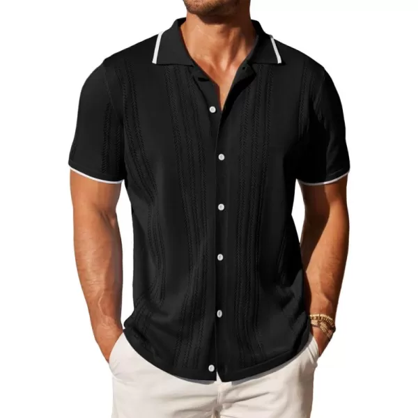 COOFANDY Men's Knit Button Down Shirt Vintage Short Sleeve Polo Shirts Casual Beach Tops
