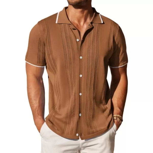 COOFANDY Men's Knit Button Down Shirt Vintage Short Sleeve Polo Shirts Casual Beach Tops
