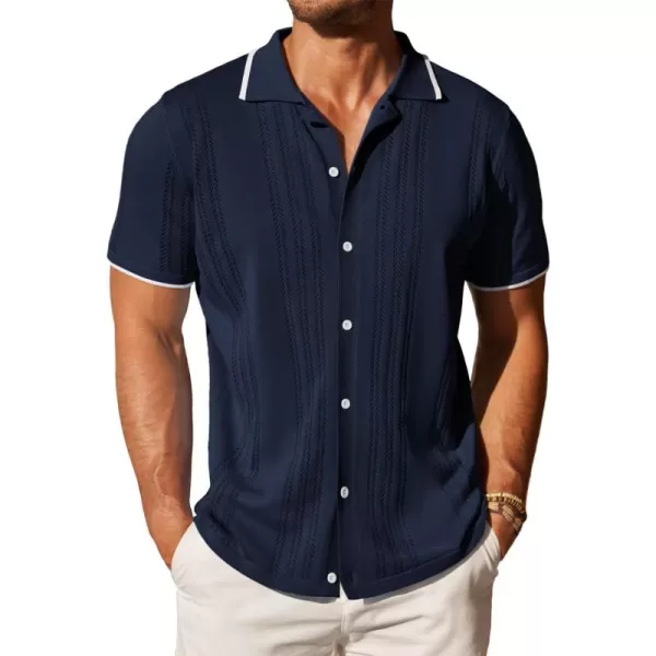 COOFANDY Men's Knit Button Down Shirt Vintage Short Sleeve Polo Shirts Casual Beach Tops