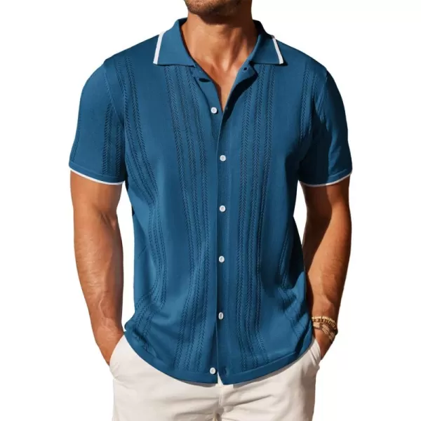 COOFANDY Men's Knit Button Down Shirt Vintage Short Sleeve Polo Shirts Casual Beach Tops
