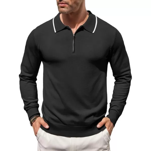 COOFANDY Men's Knit Polo Shirt Long Sleeve Quarter Zip Polo Sweater Casual Golf Shirts Vintage Striped Collar Polo